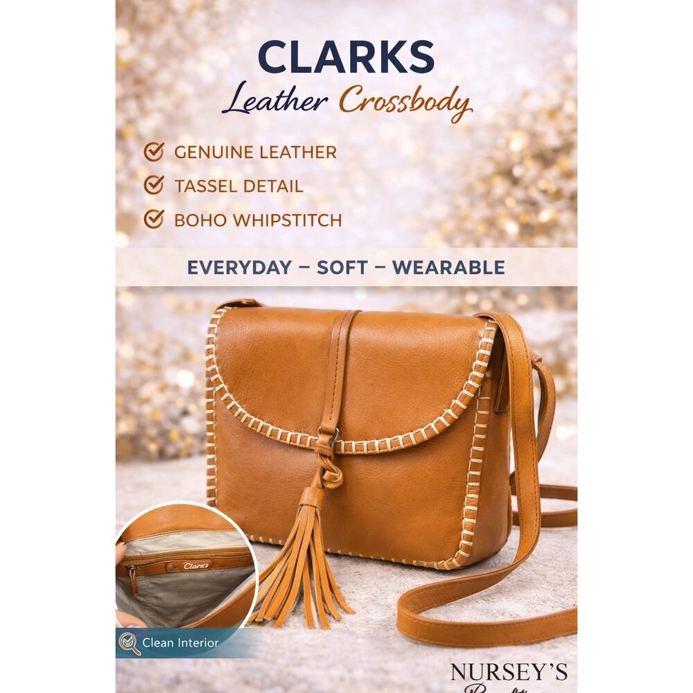 Clarks Leather Crossbody Bag Tassel Boho Whipstitch Tan